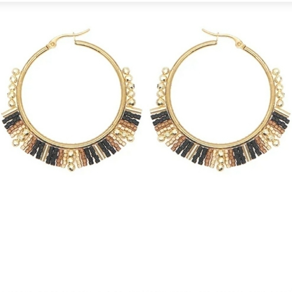 Beaded Hoop Earrings Black & Gold Miyuki Rice Beads - Picture 5 of 11